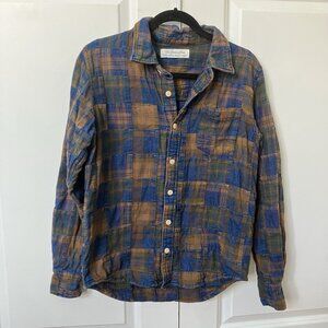 Men's Casual Button-Down Plaid Shirt in Blue and Brown